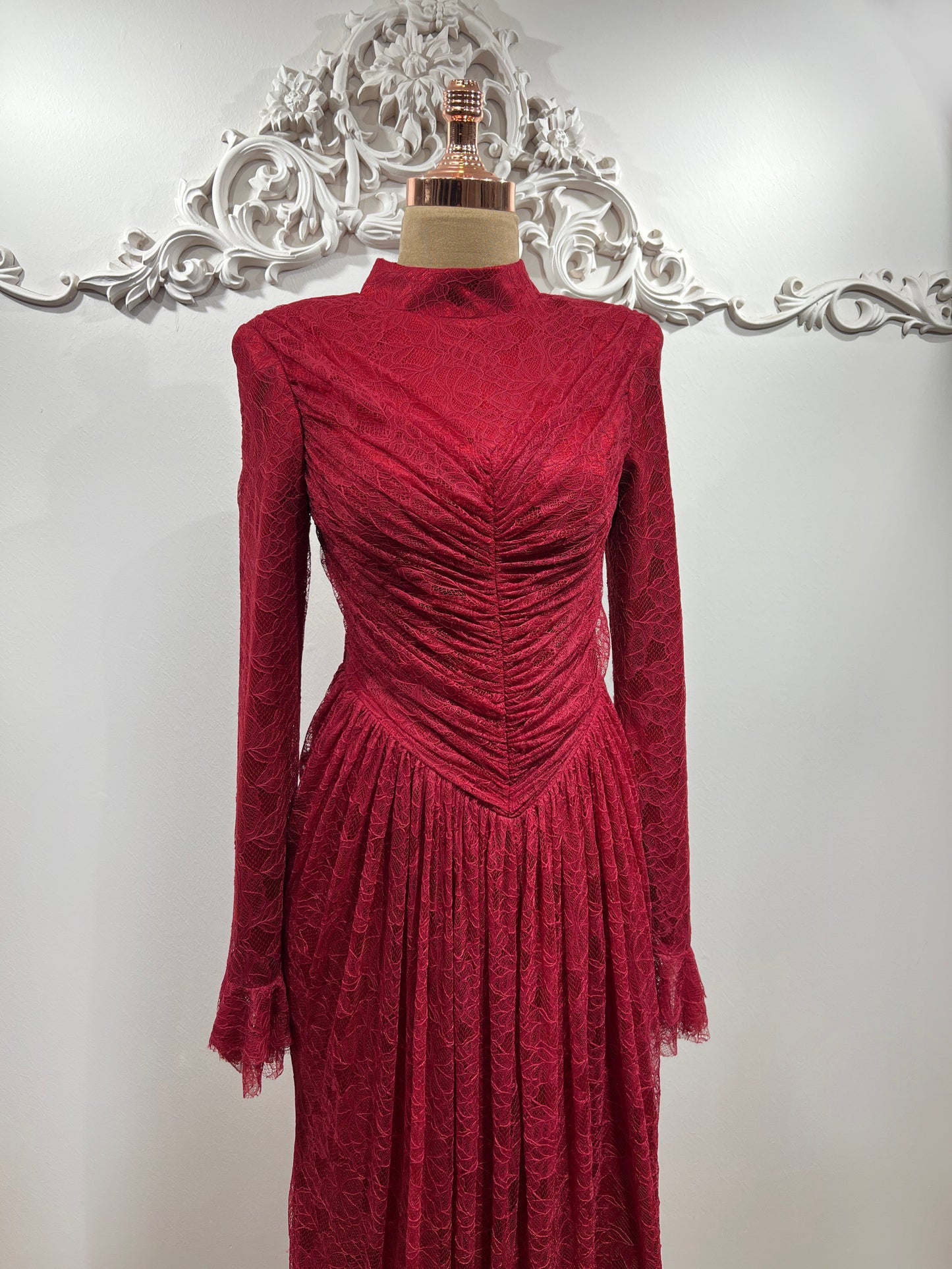 Carmen Ruched Lace Modest Evening Gown- Red