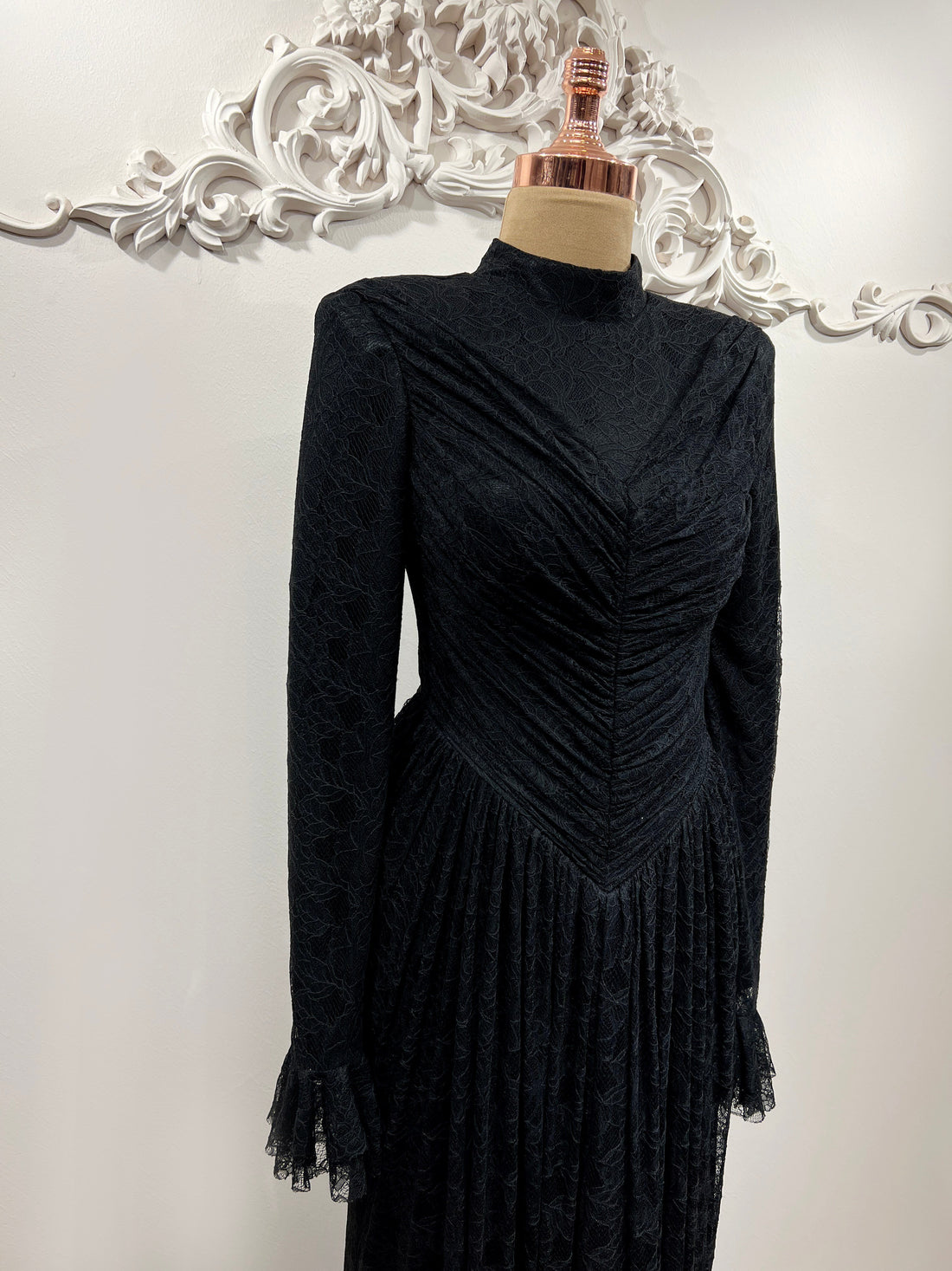 Carmen Ruched Lace Modest Evening Gown- Black