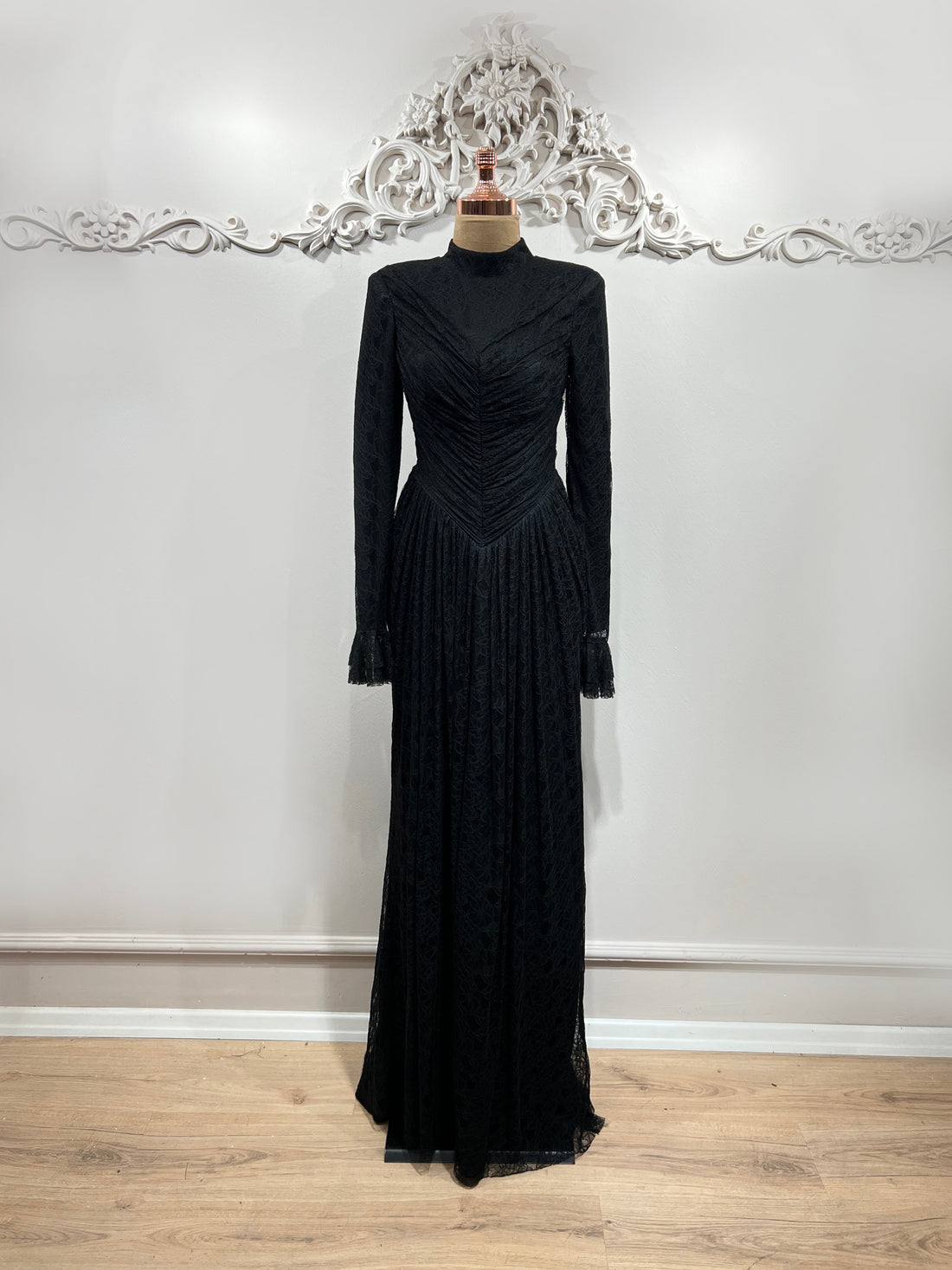 Carmen Ruched Lace Modest Evening Gown- Black
