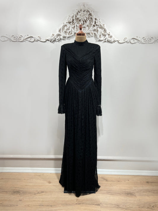 Carmen Ruched Lace Modest Evening Gown- Black