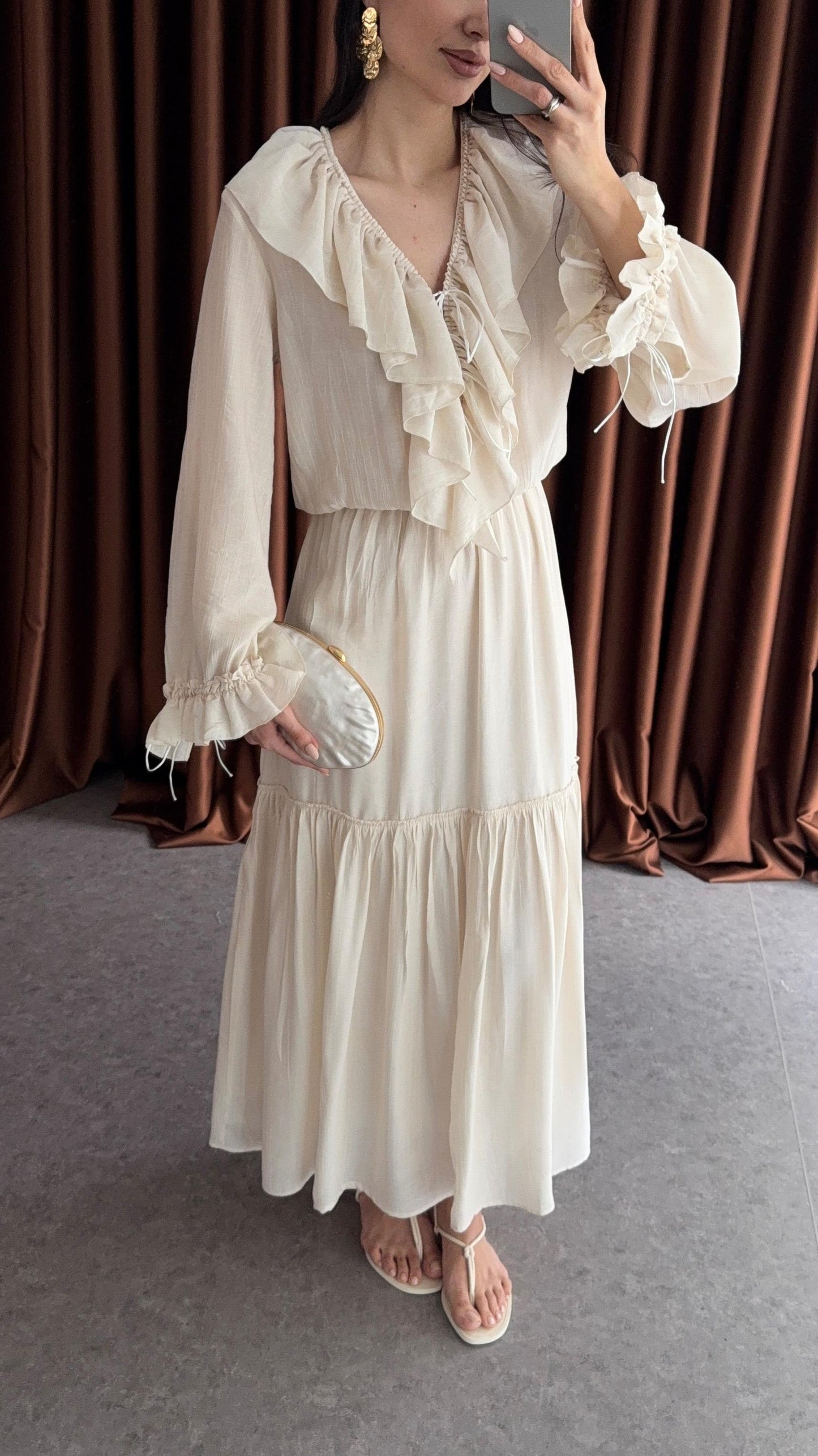 Romantic Ruffle Maxi Dress – Beige