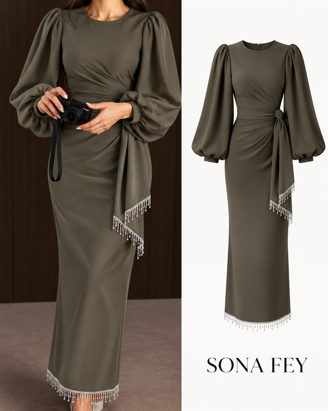 Gala Tassel Dress Khaki - Sona Fey