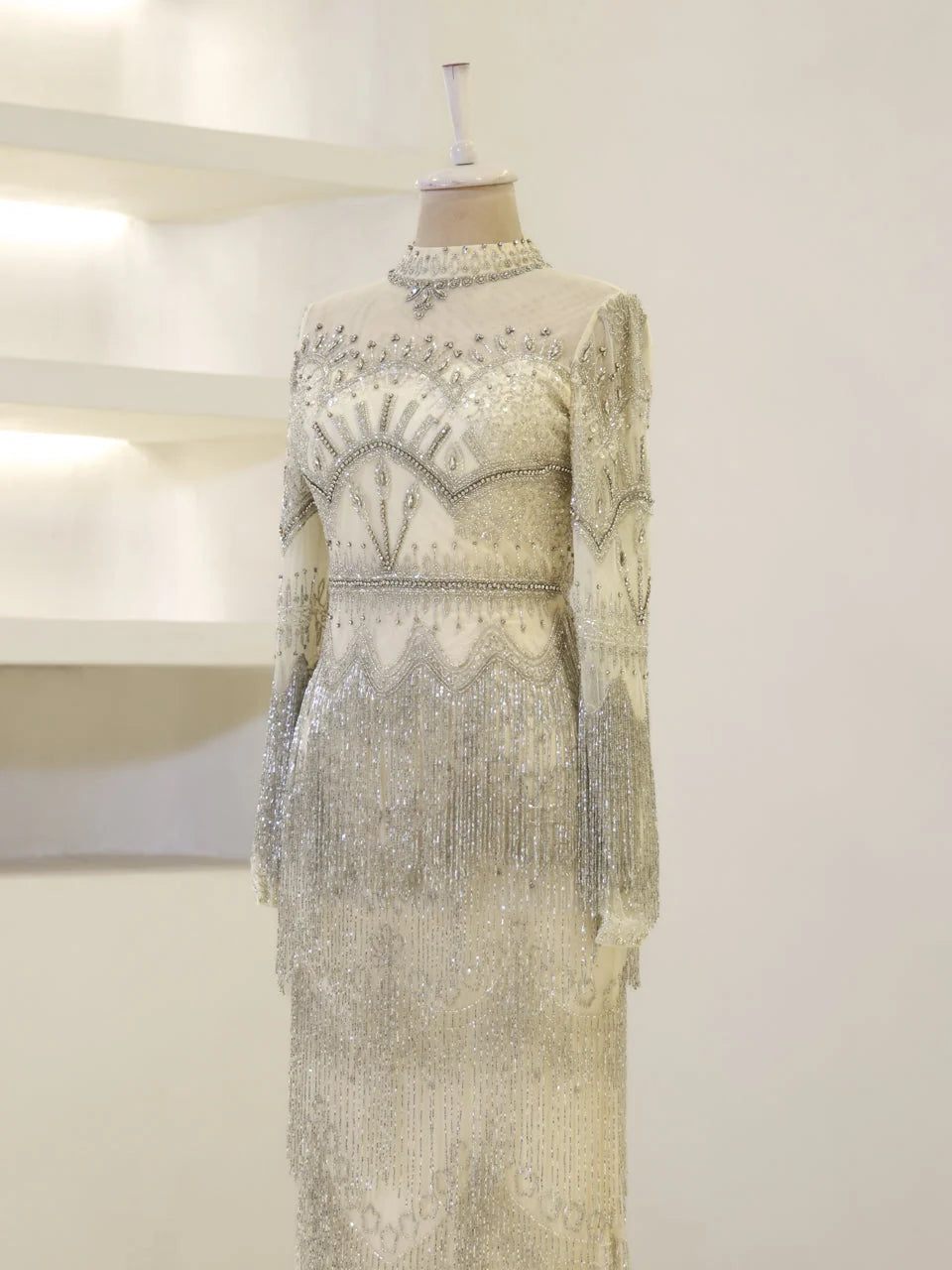 Gatsby Couture Dress – Cream three-quarter embroidered bodice and sleeves