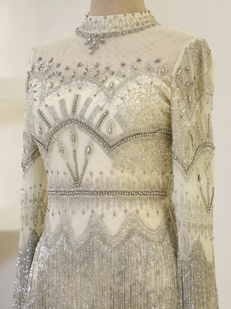Gatsby Couture Dress – close-up high neckline and beadwork