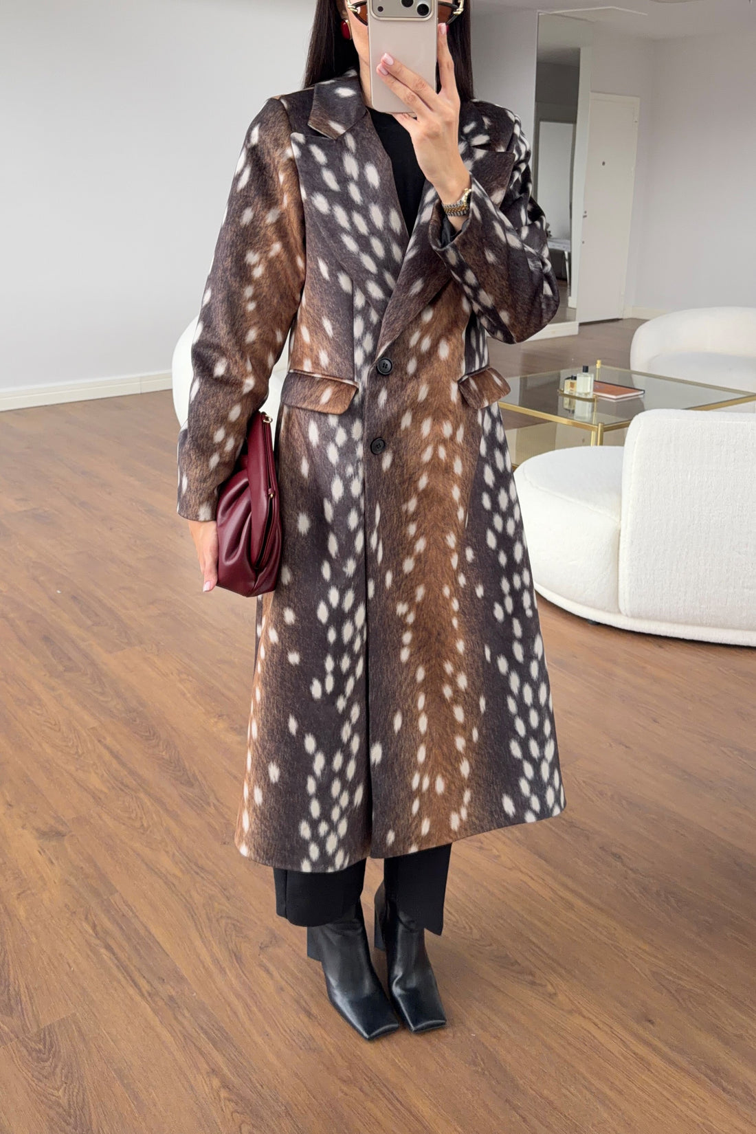 Bambi print tailored long coat model full length