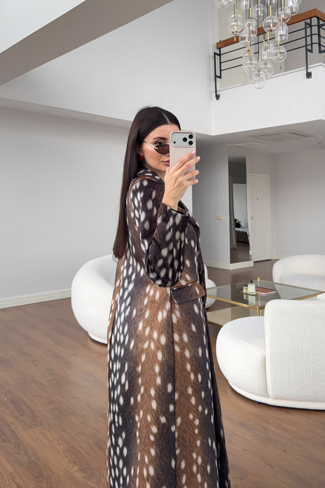 Bambi print long coat model side