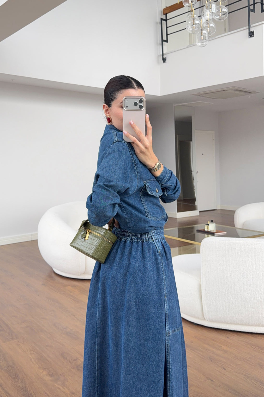 Soft denim skirt and shirt side view