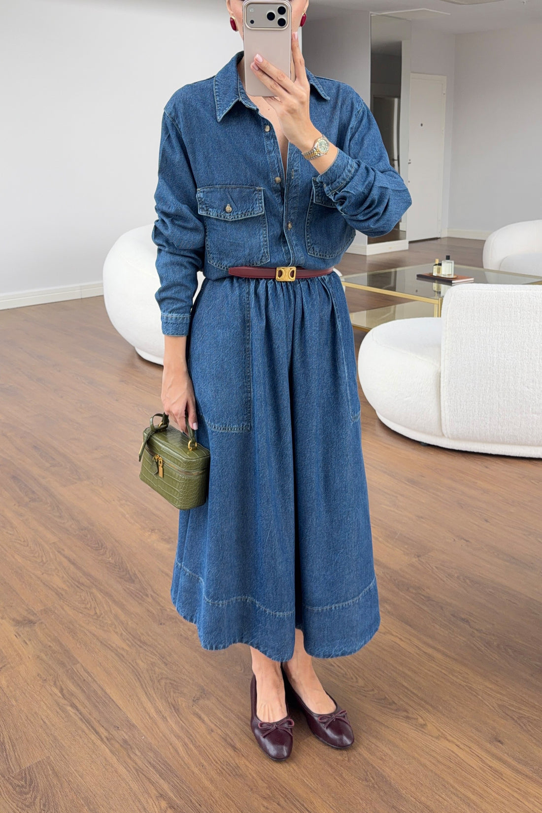 Soft denim set full length detail