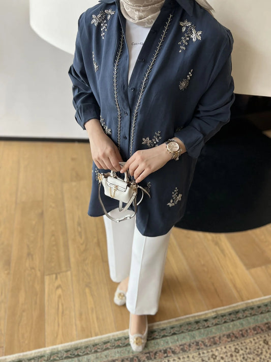 Premium Natural Gray Embroidered Tencel Shirt