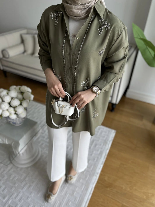 Premium Natural Khaki Embroidered Tencel Shirt