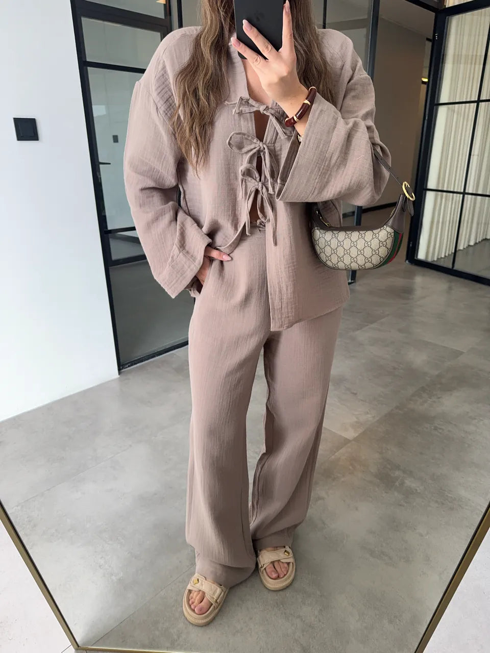 100% Cotton Front-Tie Kimono & Pants Muslin Set –Taupe