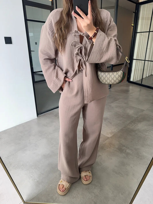 100% Cotton Front-Tie Kimono & Pants Muslin Set –Taupe