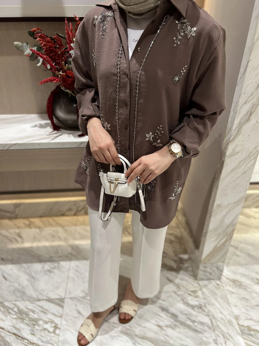 Premium Natural Coffee Brown Embroidered Tencel Shirt