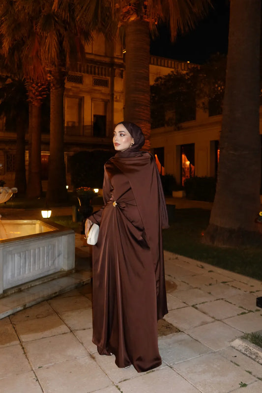 Brooch Detailed Silky Satin Coffee Evening Dress