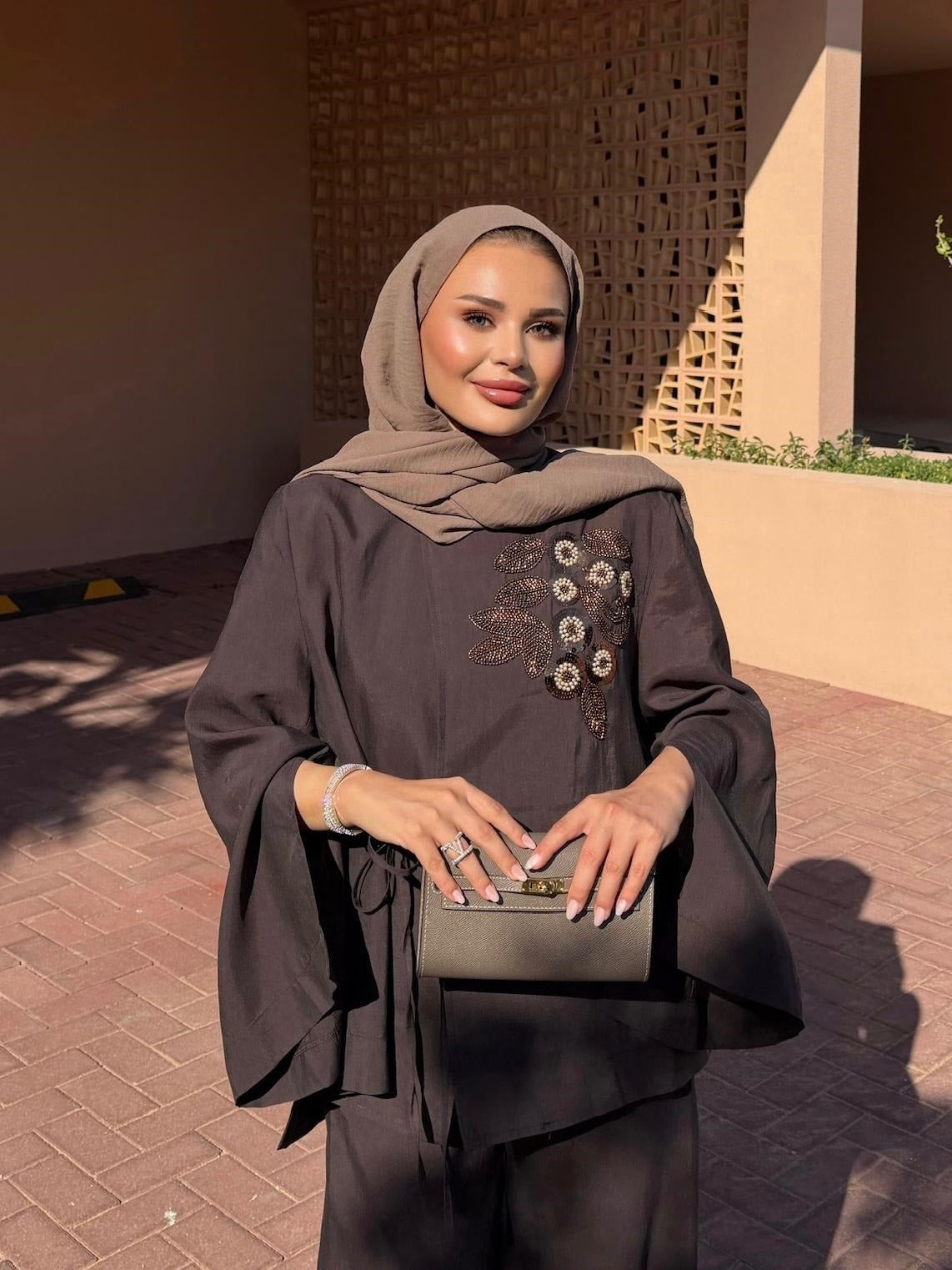 Embroidered Pants Set – Dark Brown