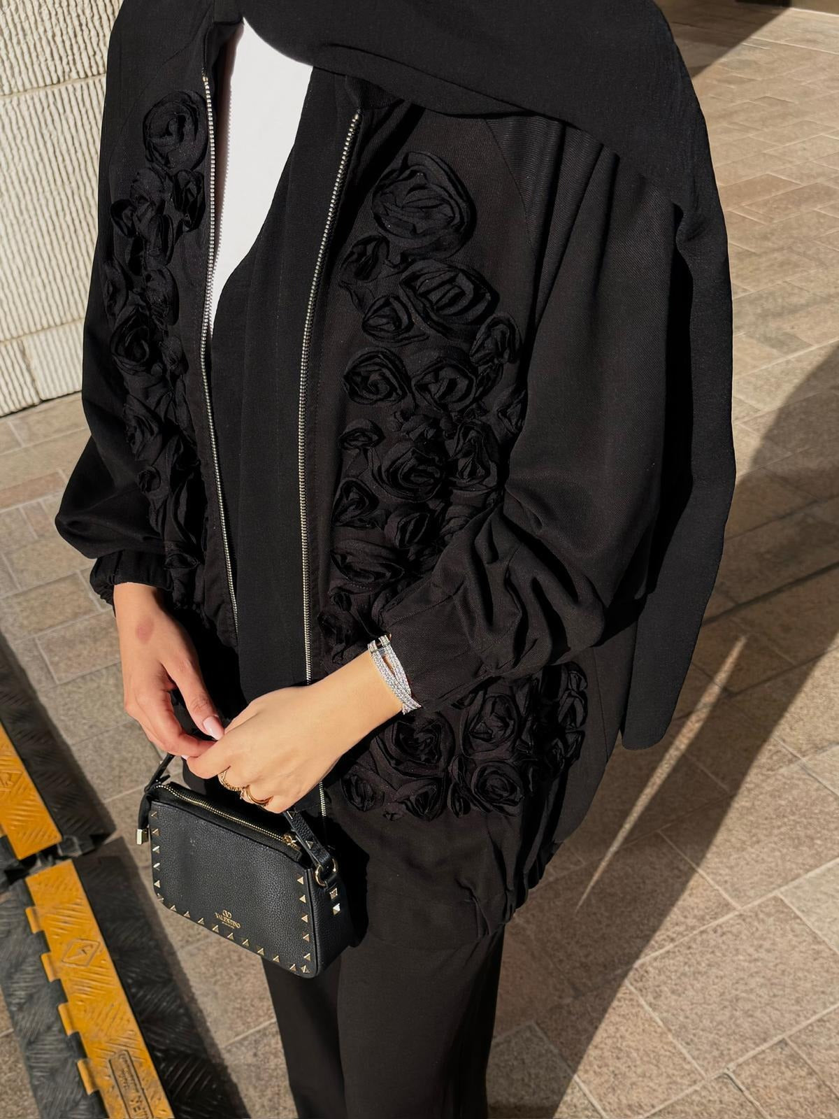 Rose Embellished Pants Set – Black