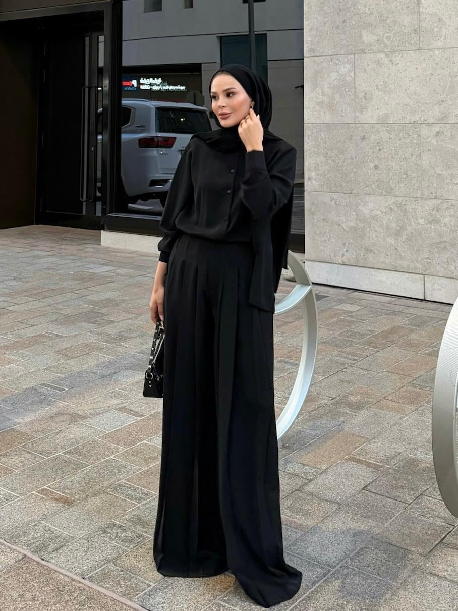 Daphne Pleated Pants Set – Black