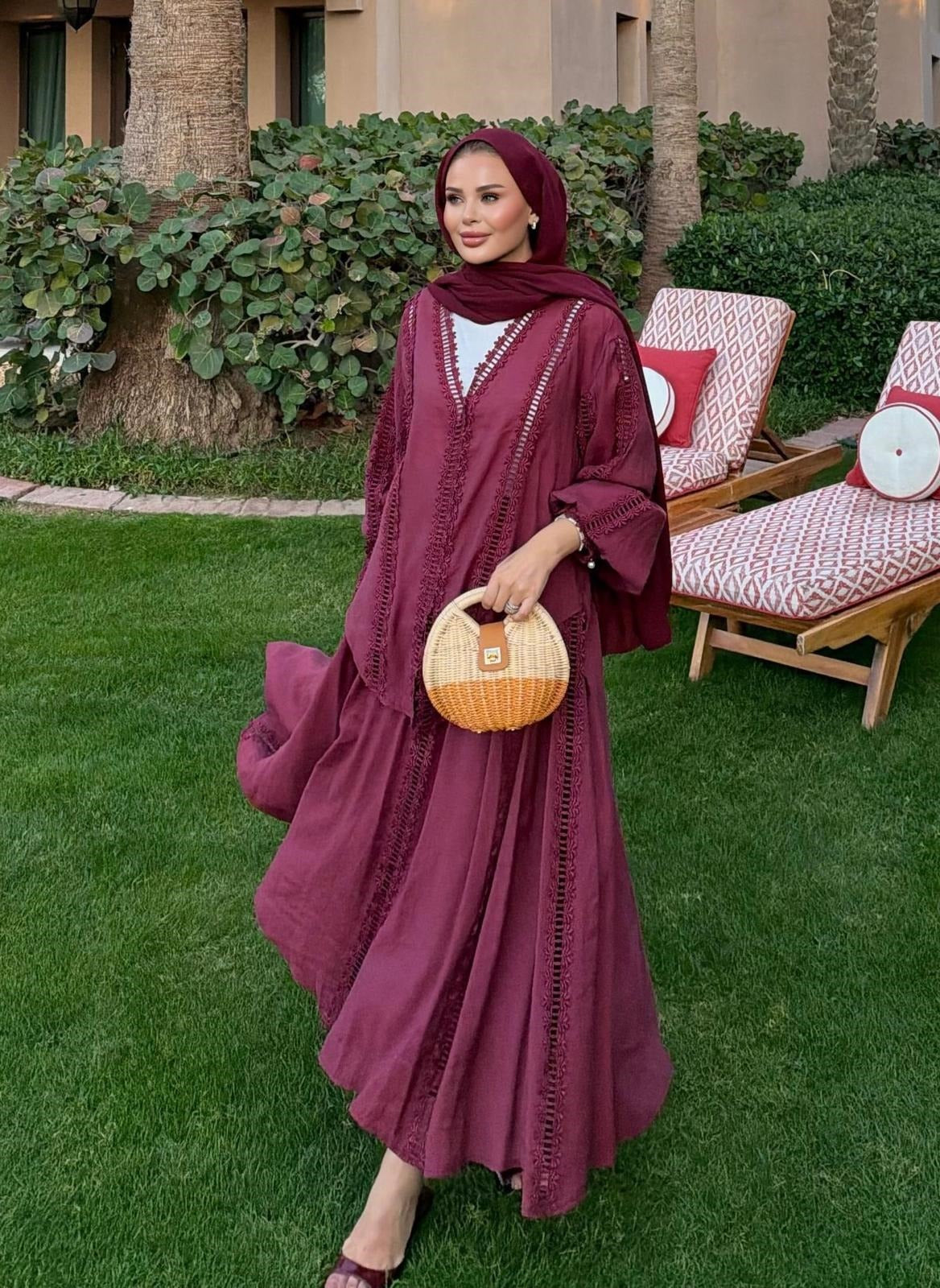 Lace Trim V-Neck Oversized Top & Flared Maxi Skirt Co-ord Set - Burgundy