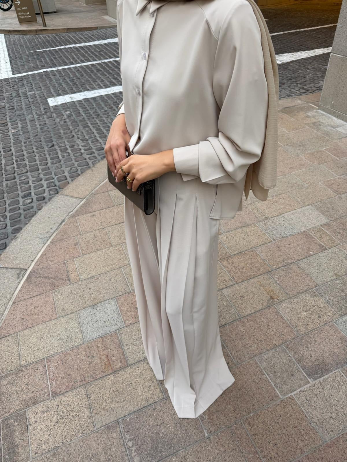 Daphne Pleated Pants Set – Beige