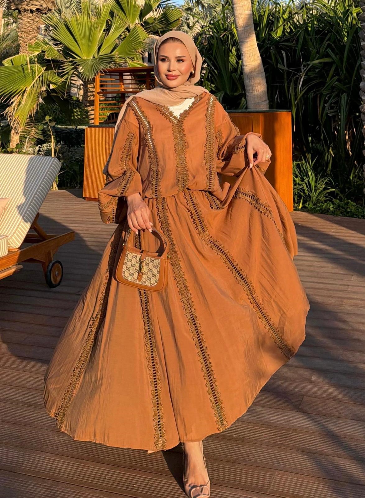 Lace Trim V-Neck Oversized Top & Flared Maxi Skirt Co-ord Set - Cinnamon