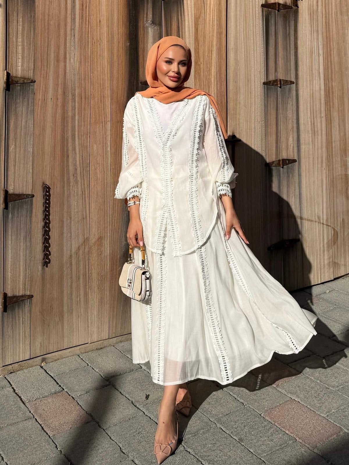 Lace Trim V-Neck Oversized Top & Flared Maxi Skirt Co-ord Set - Ecrou