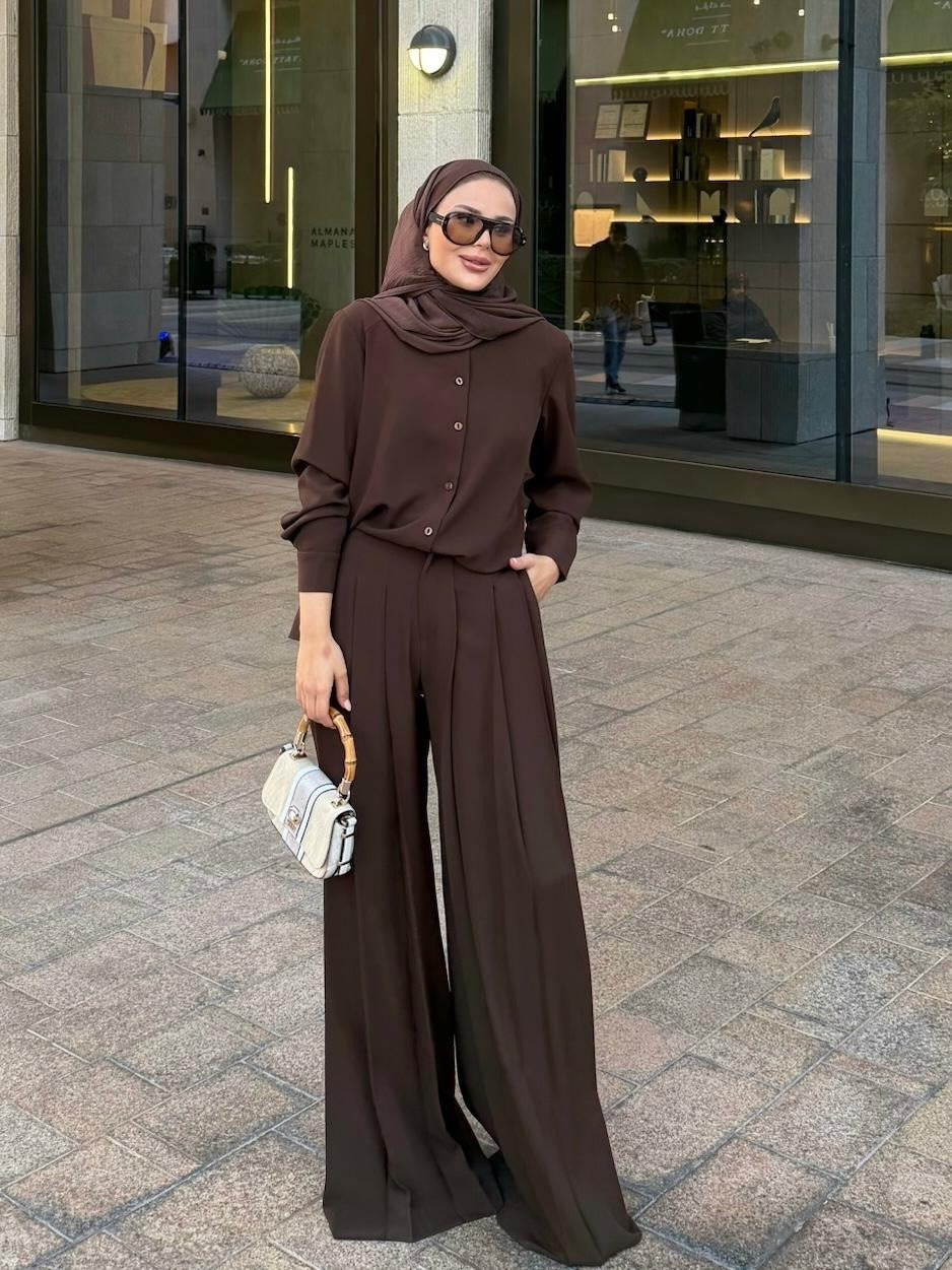 Daphne Pleated Pants Set – Brown