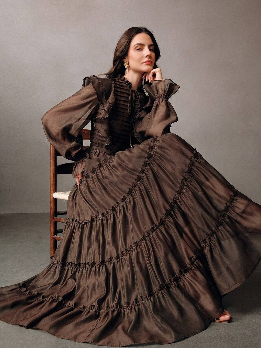 Elaire Elegant Ruched‑Hem Party Dress -Brown