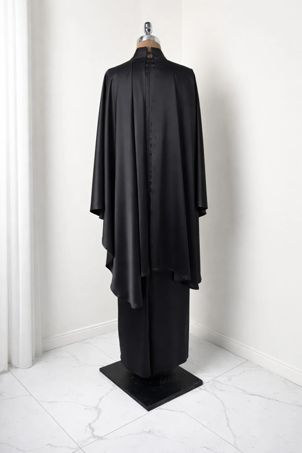 Soraya Stone-Embellished Modest Satin Cape Pencil Dress - Evening Dress - Black