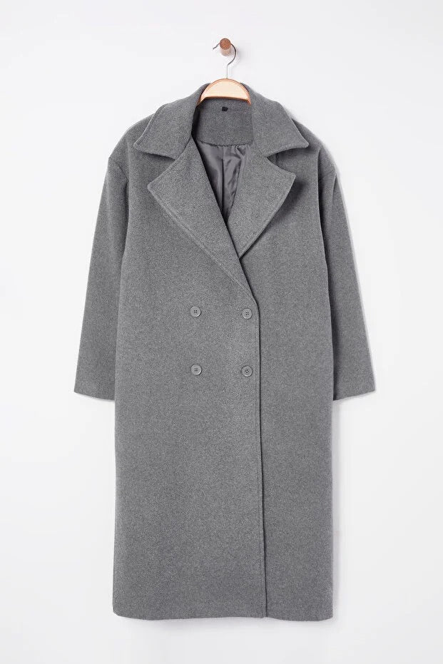 Grey Oversized Wide‑Cut Long Wool‑Blend Coat