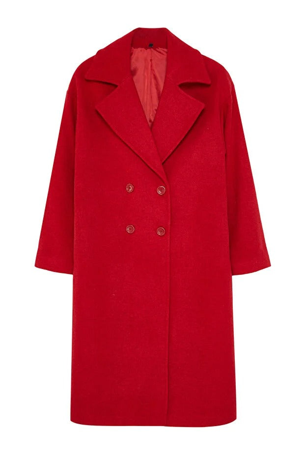 Red Oversized Wide-Cut Long Wool-Blend Coat