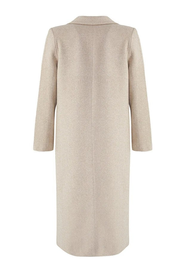 Herringbone Pattern Long Wool-Blend Coat