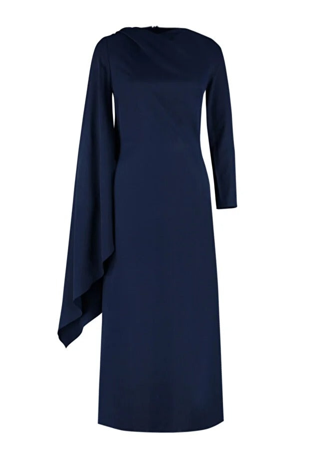 Navy Blue Shawl-Detail Evening Dress