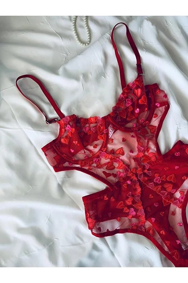 Valentine’s Amour – Heart Embroidered Underwired Mesh Bodysuit