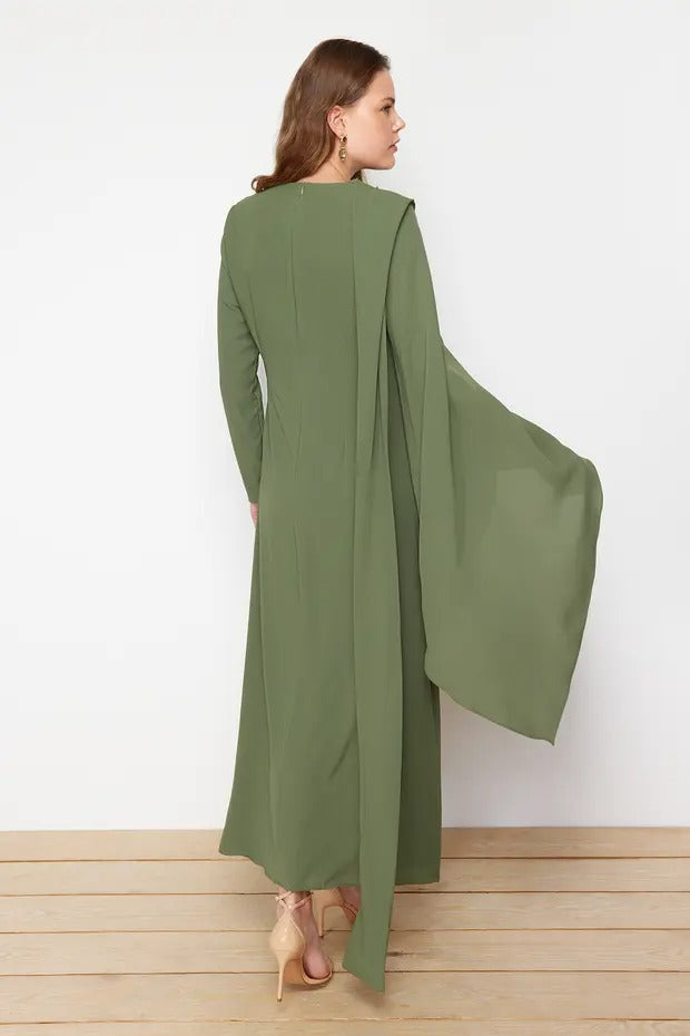 Khaki Pink Shawl-Detail Evening Dress