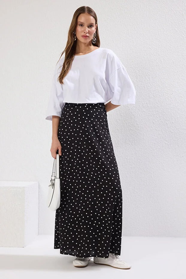 Black & White Polka Dot 100% Viscose Midi Skirt — Modest High-Waist A-Line