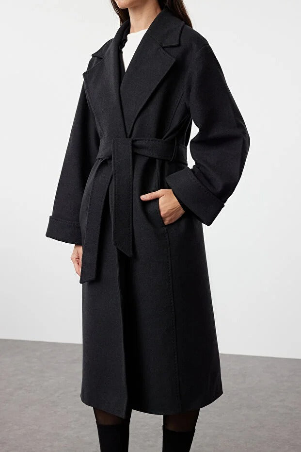 Black Belted Regular Fit Long Wool-Blend Coat