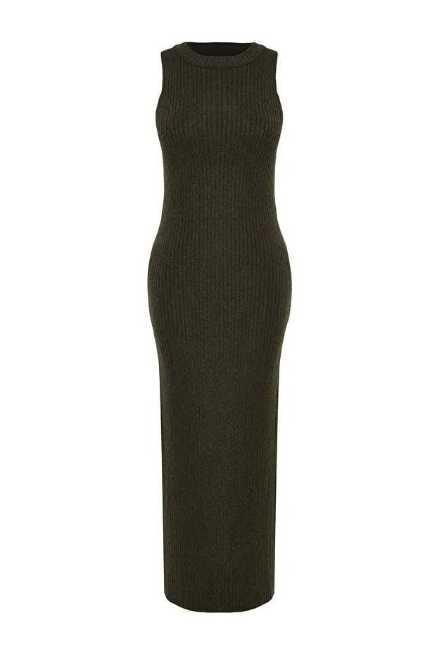 Dark Khaki Ribbed Soft-Knit Dress & Cardigan Set