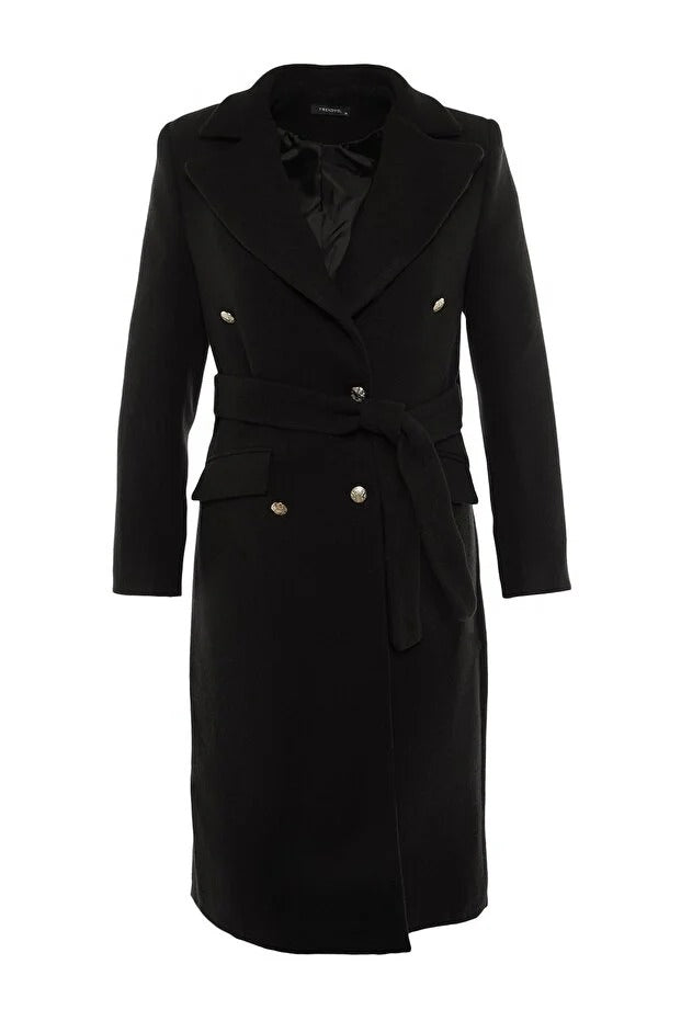 Black Fitted Long Wool-Blend Coat with Belt and Gold Buttons