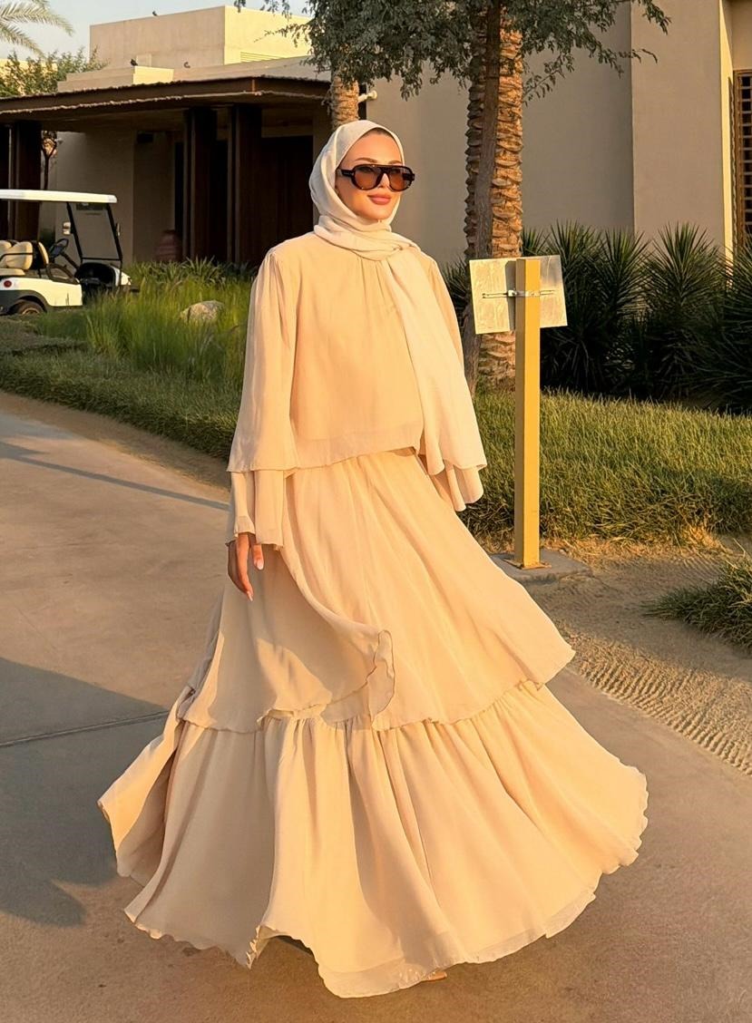 Layered Cape Chiffon Co-ord Set with Tiered Ruffle Skirt - Beige