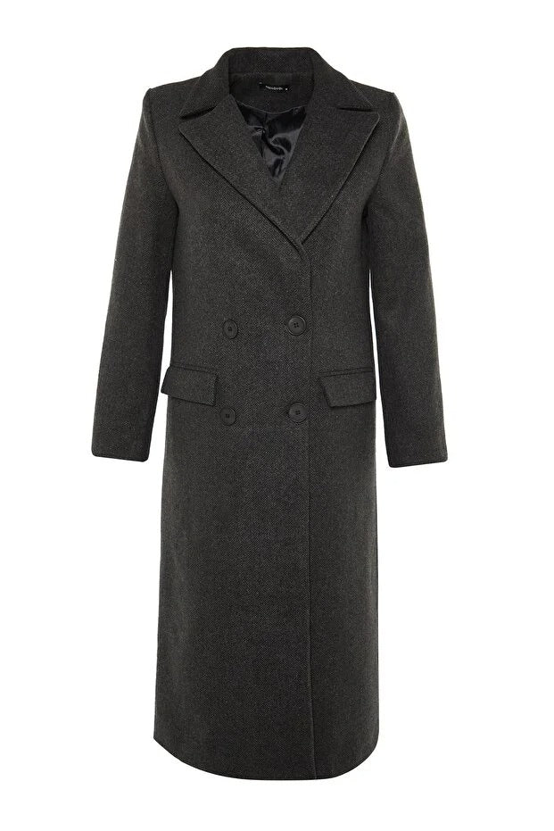 Black Herringbone Pattern Long Wool-Blend Coat