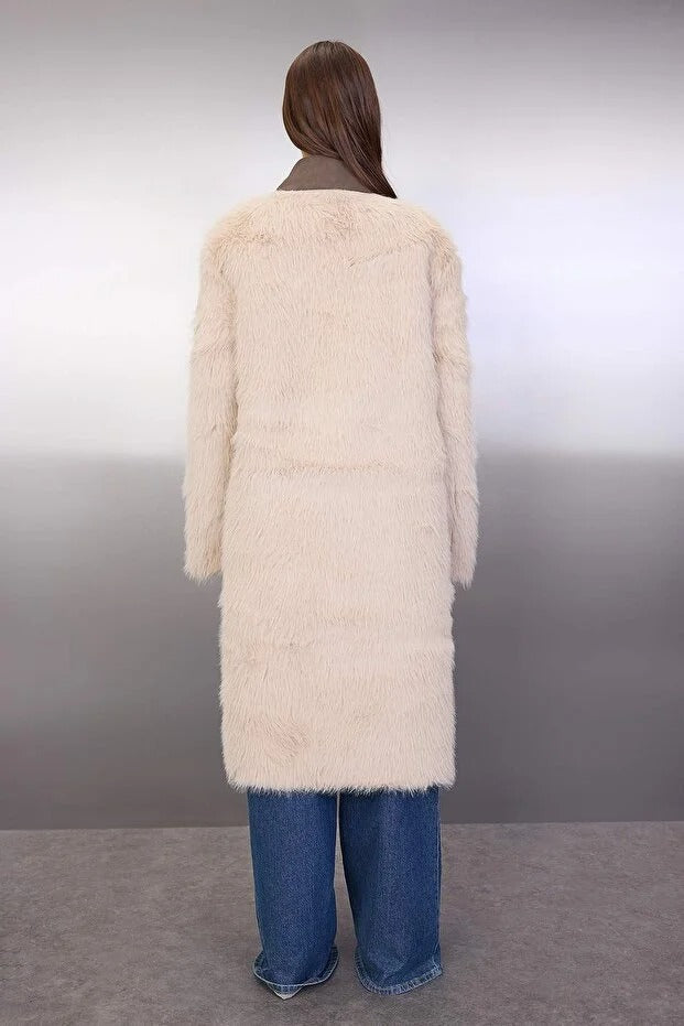 Taupe-Ecru Reversible Long Suede Coat with Fur Lapel and Mono Closure