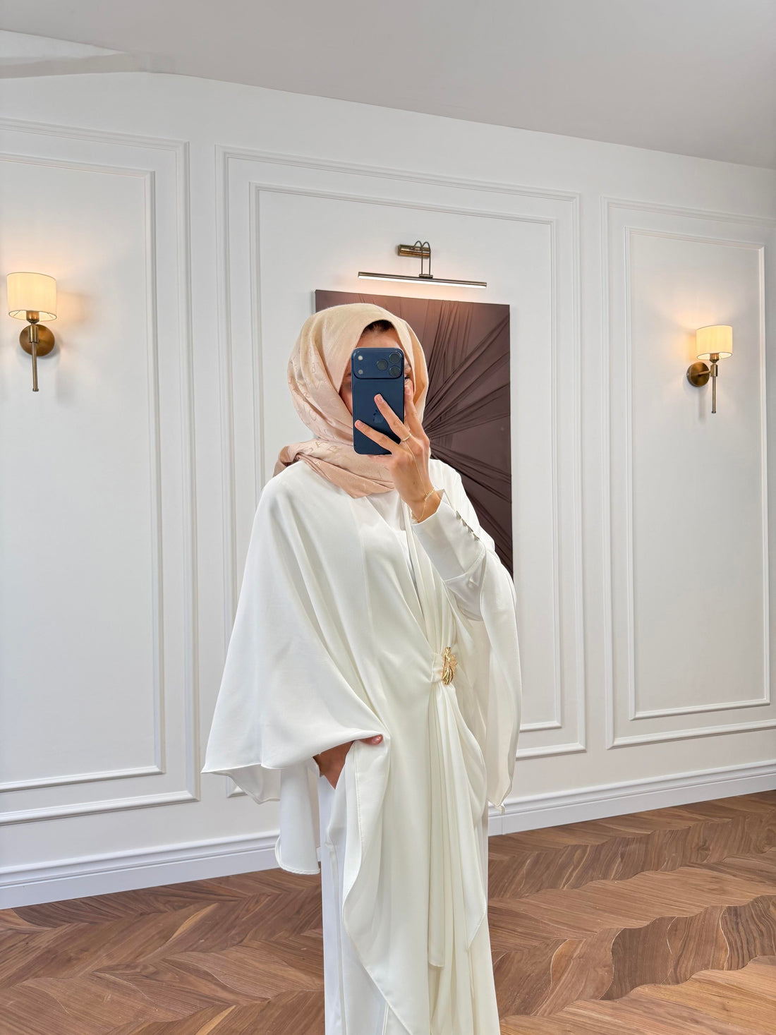 Off White Cape-Sleeve Co-ord Set with Gold Brooch Detail