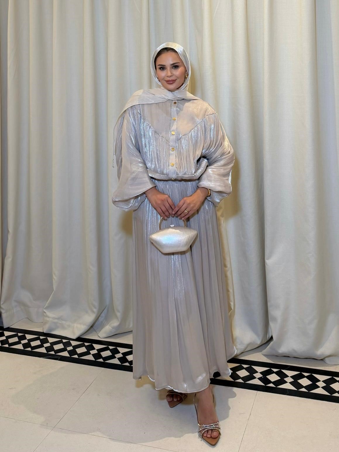 Shimmer Metallic Gathered Top & Flared Maxi Skirt Evening Co-ord Set - Beige