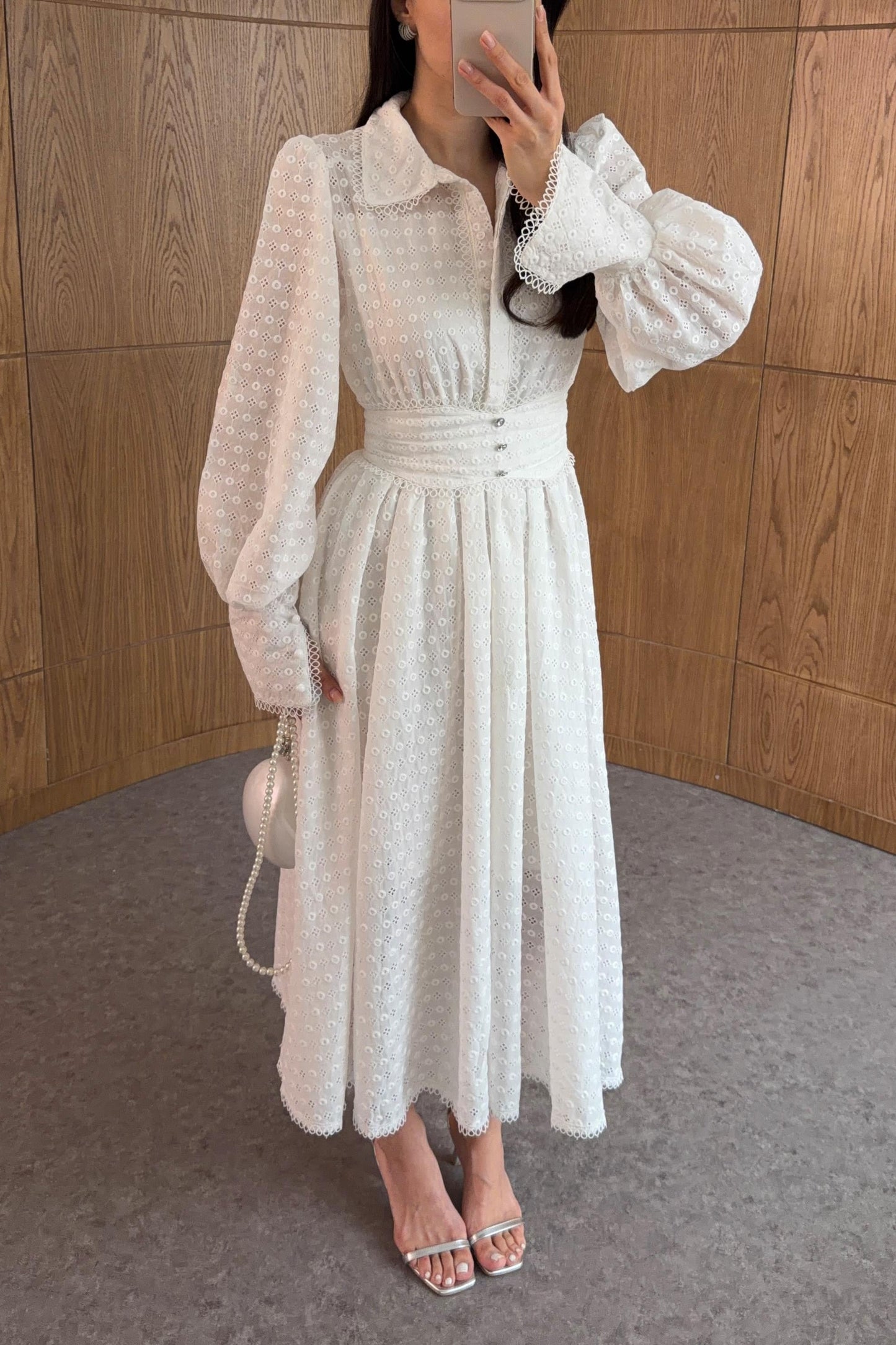 White Broderie Anglaise Midi Dress with Puff Sleeves & Structured Waist Detail
