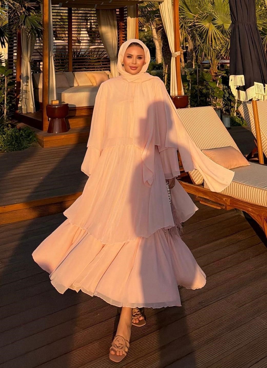 Layered Cape Chiffon Co-ord Set with Tiered Ruffle Skirt - Pink