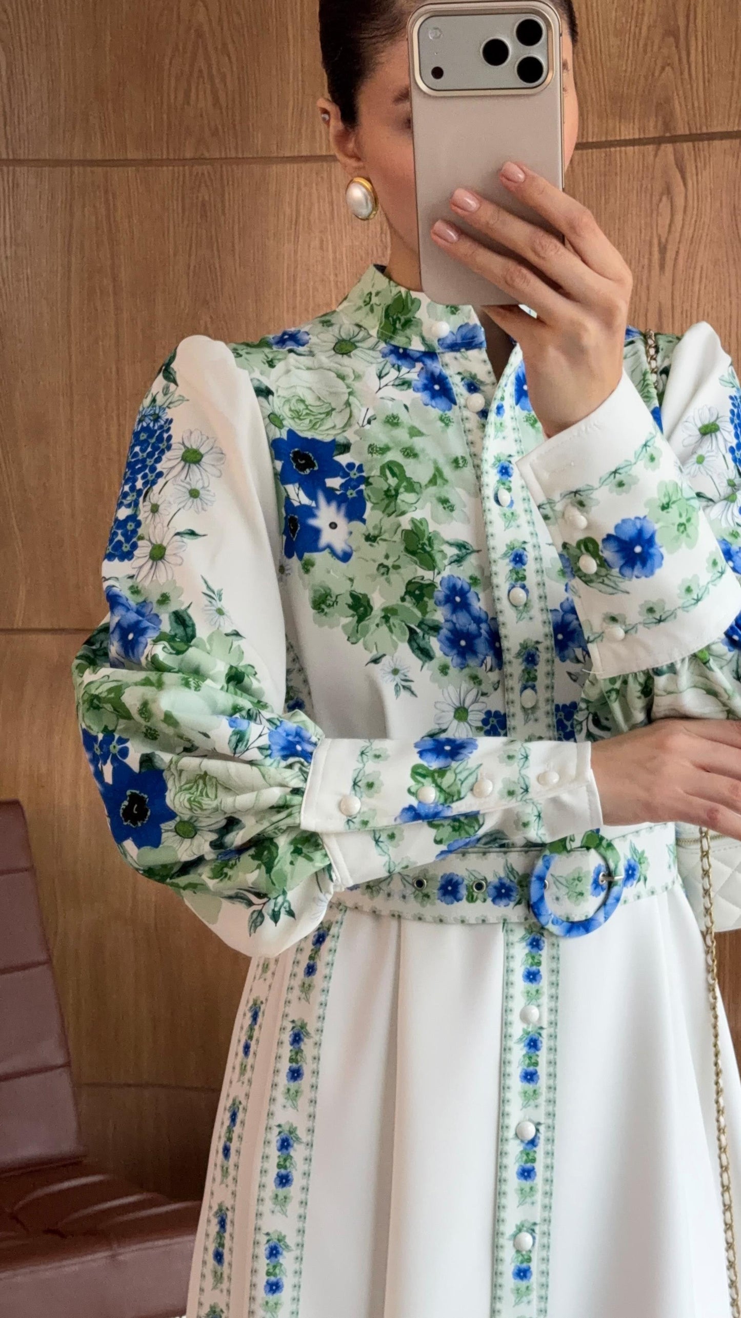 Blue & Green Digital Floral Print Maxi Dress with Puff Sleeves & Belted Waist