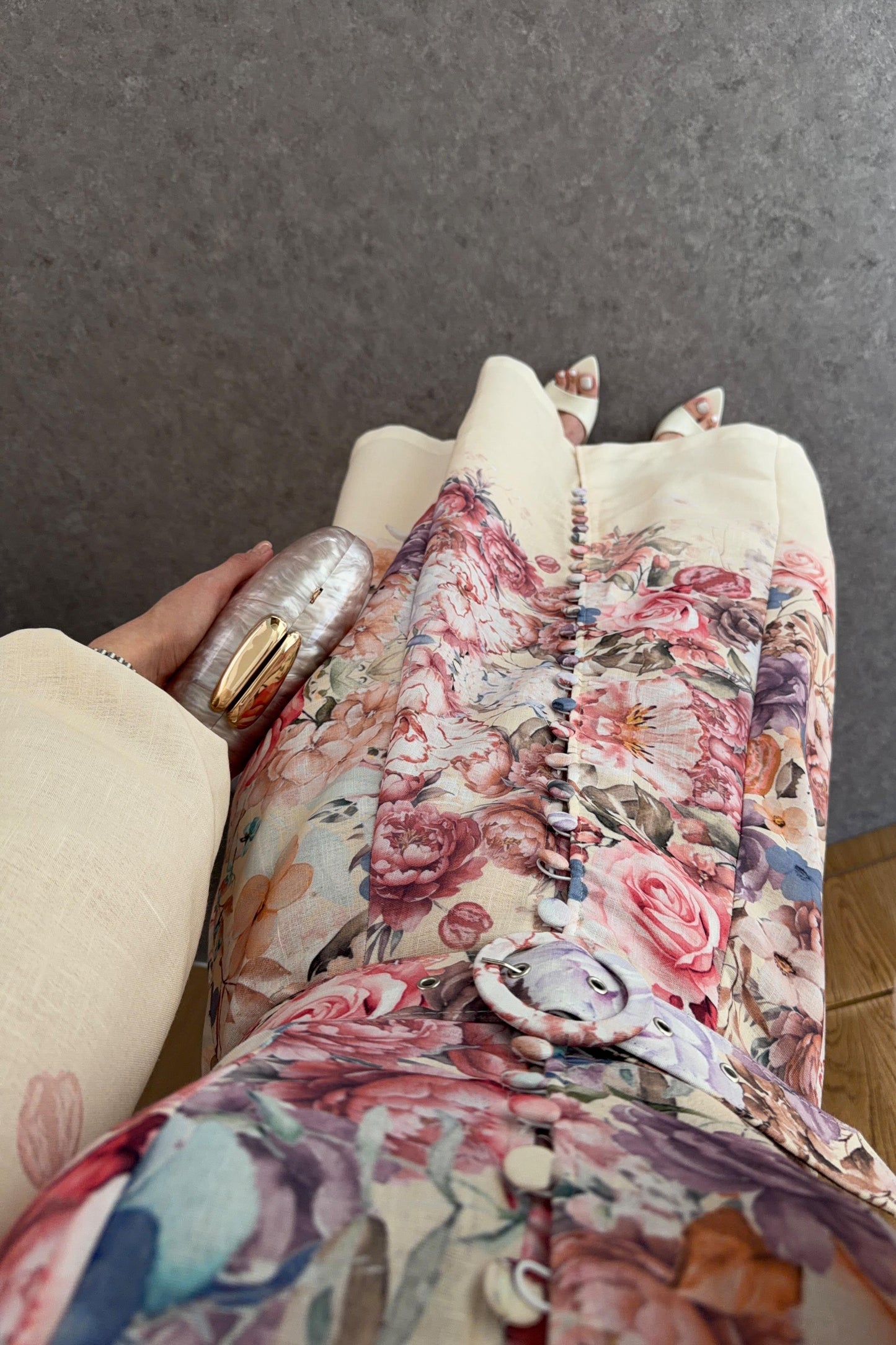 Digital Rose Print Linen-Look Maxi Dress with Puff Sleeves & Belted Waist