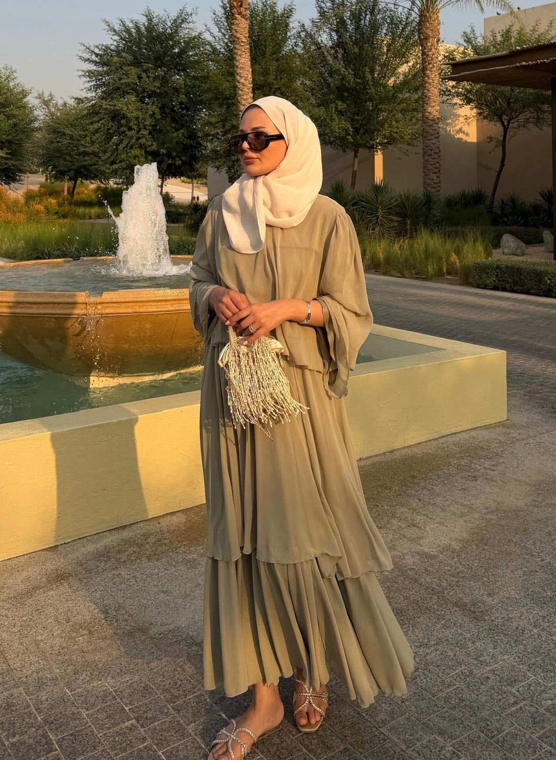 Layered Cape Chiffon Co-ord Set with Tiered Ruffle Skirt - Light Green