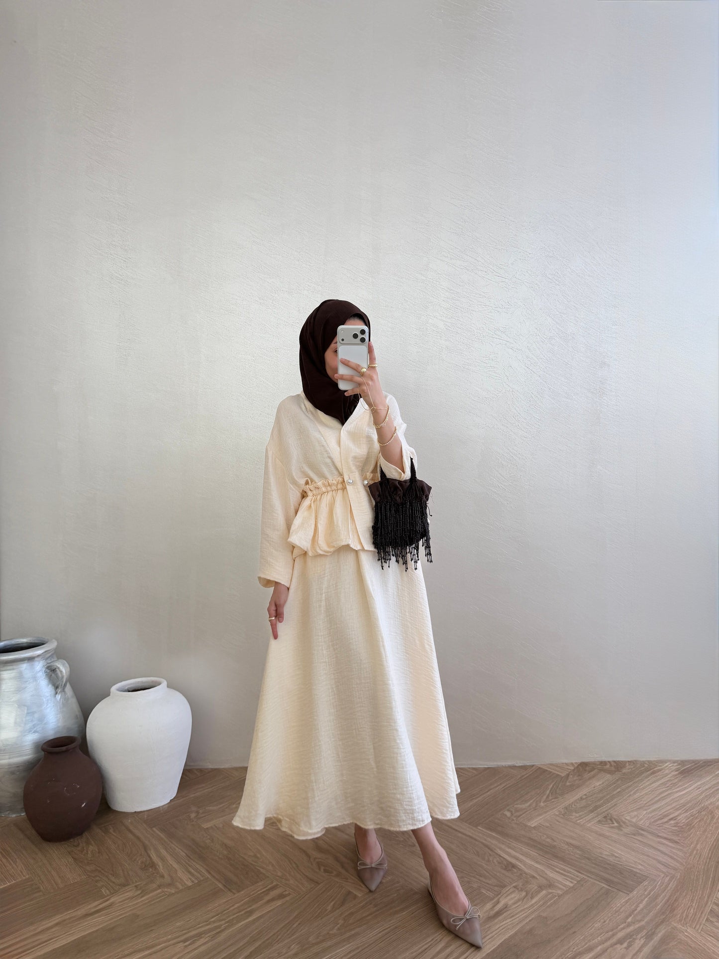 Cantaloupe Pearl-Button Vual Co-ord Set — Modest Blouse & Maxi Skirt