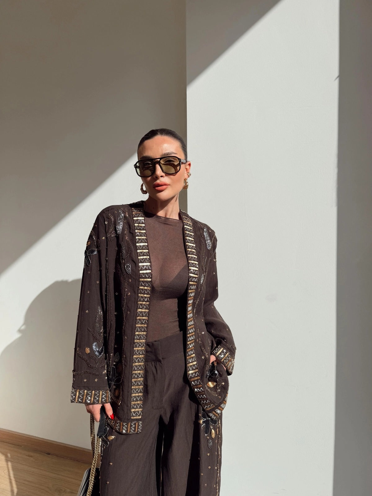 Limited Collection Embroidered Kimono & Pants Two-Piece Set – Brown